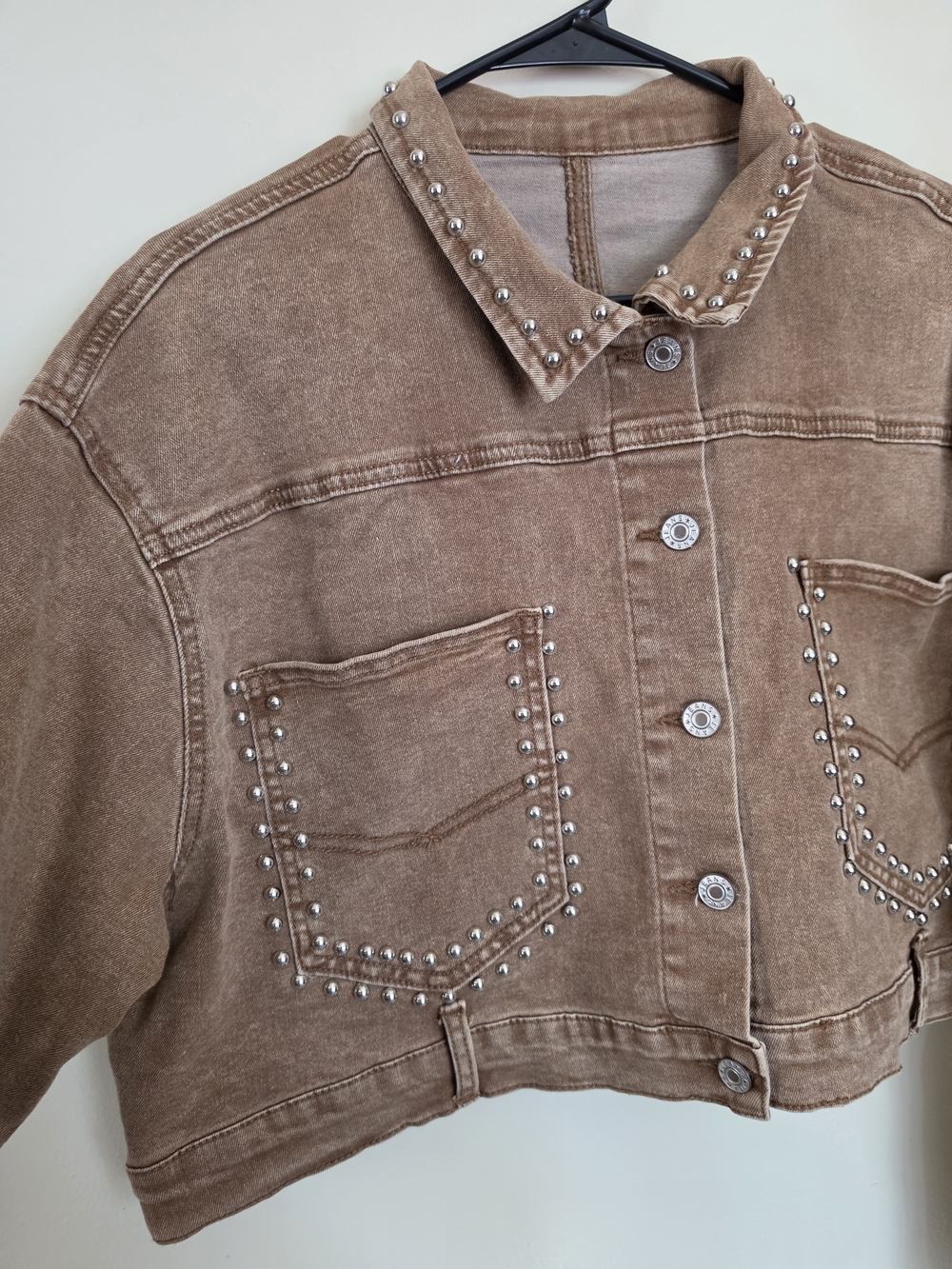 Jeans Stud-Embellished Brown Cropped Denim Jacket - Women Size L - Picture 3 of 5